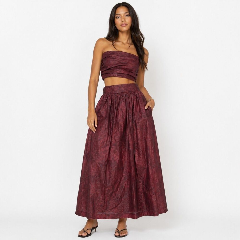 Women's Burgundy Strapless Crop Top & Maxi Skirt 2 Piece Set Crinkle Look S/M